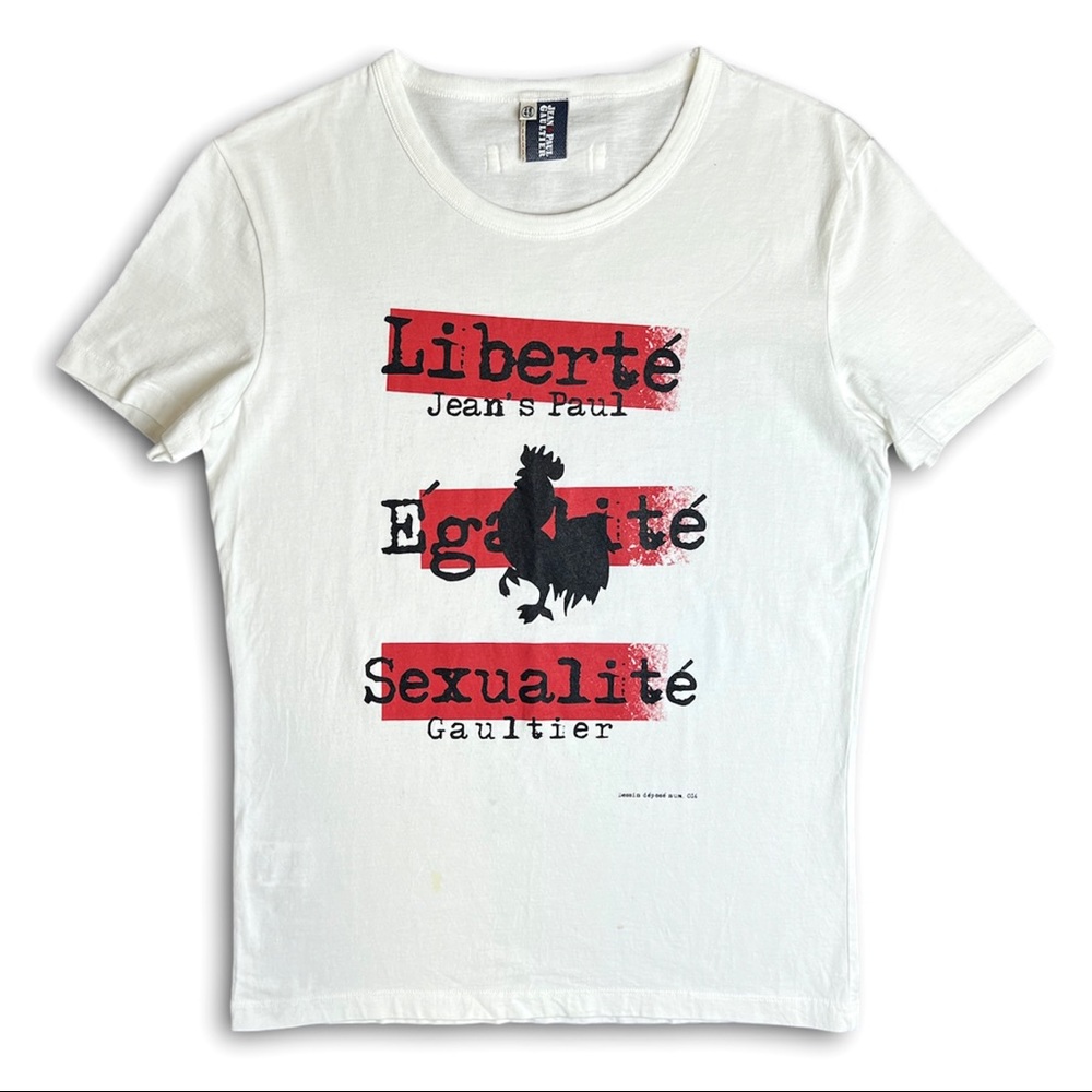 Jean’s Paul Gaultier “Liberté Sexualité Égalité” white slogan graphic tee